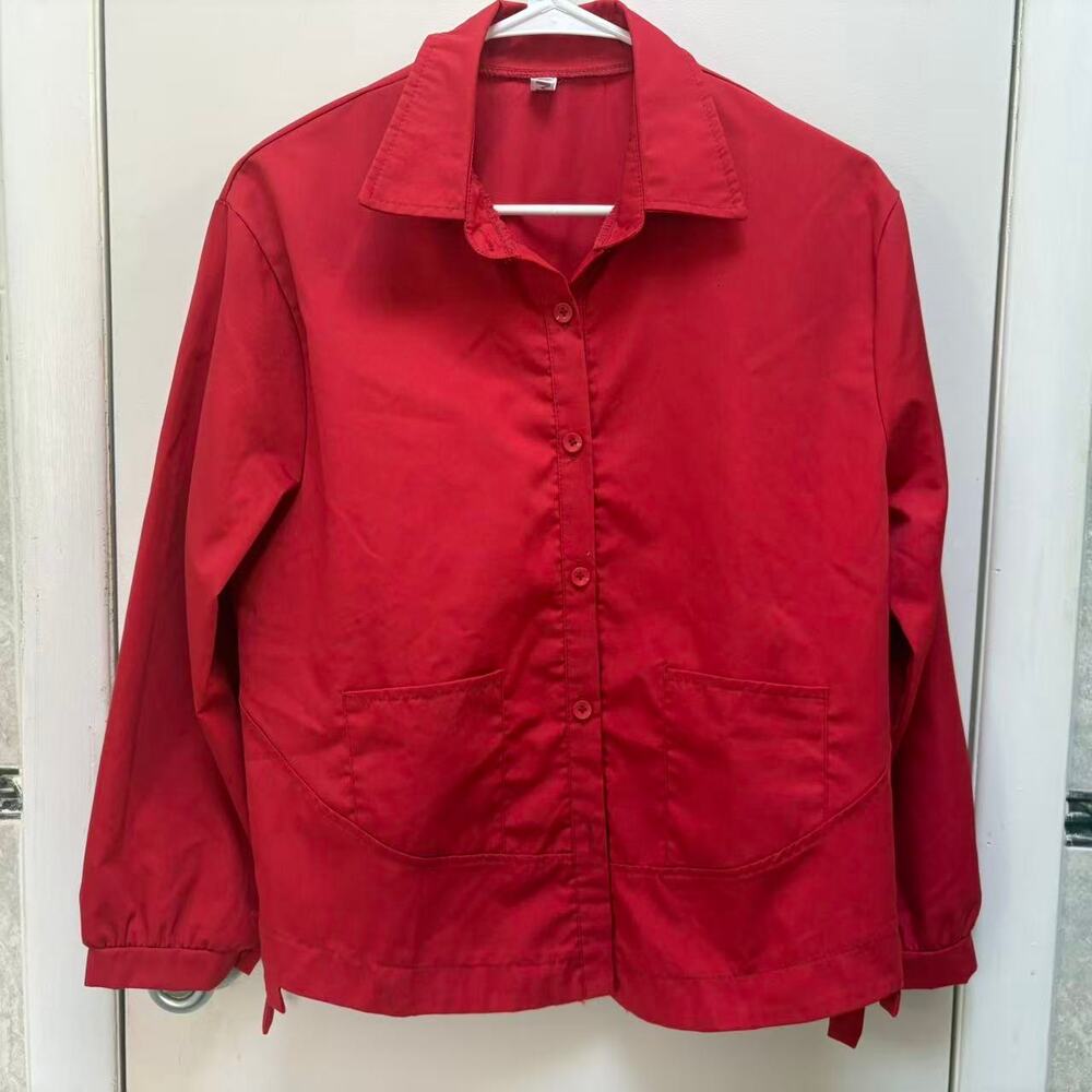 Womens Red Button Front Jacket Utility Top Work Shirt Casual Pockets Size M